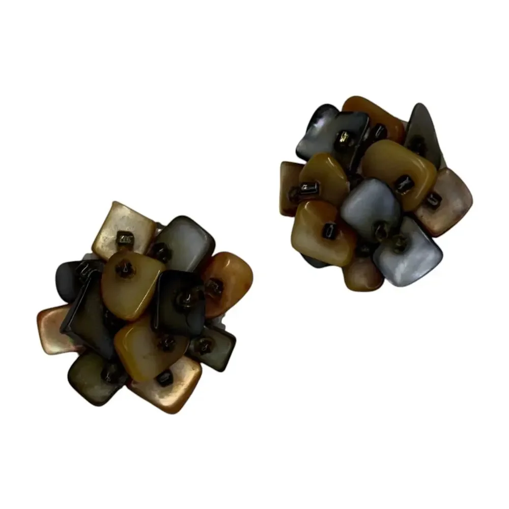 Vintage Japan Mother of Pearl Cluster Clip On Earrings Shell Tile - Picture 4 of 6